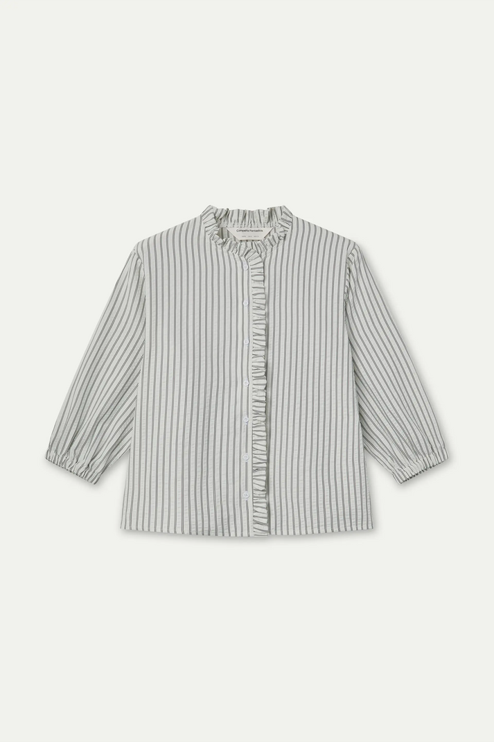 Camisa Odette de mujer con estampado de rayas  negras y volantes decorativos en el delantero