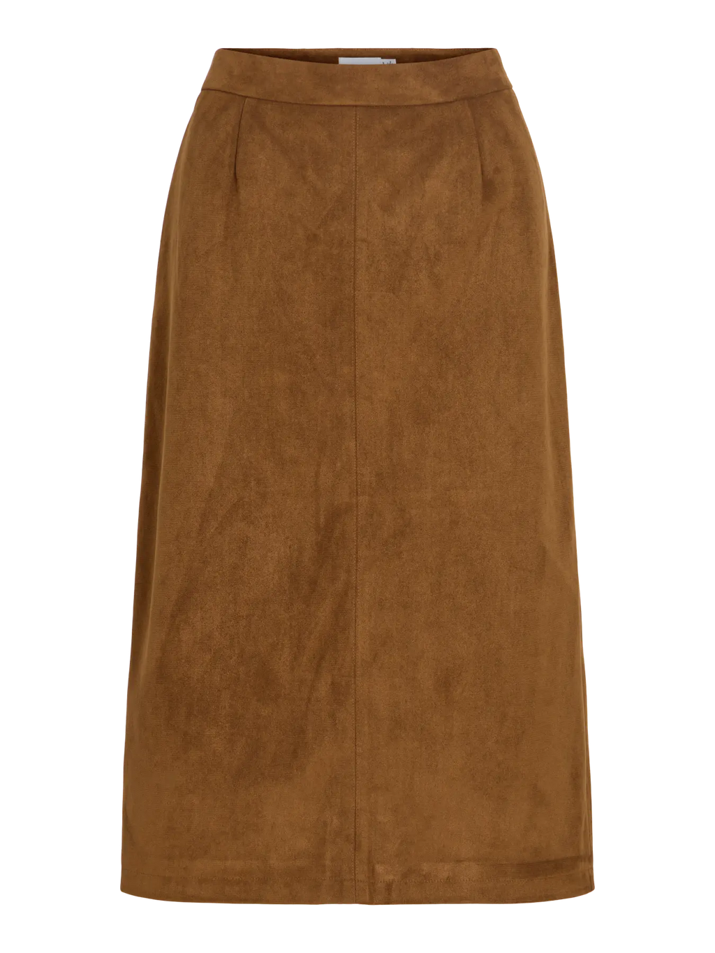Falda midi efecto ante camel Vila, vista frontal con cintura alta y costura vertical central