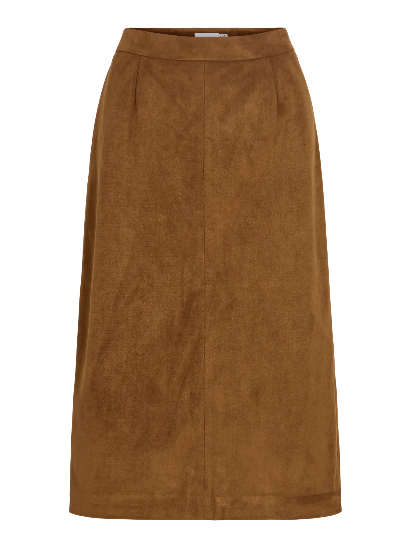 Falda midi efecto ante camel Vila, vista frontal con cintura alta y costura vertical central