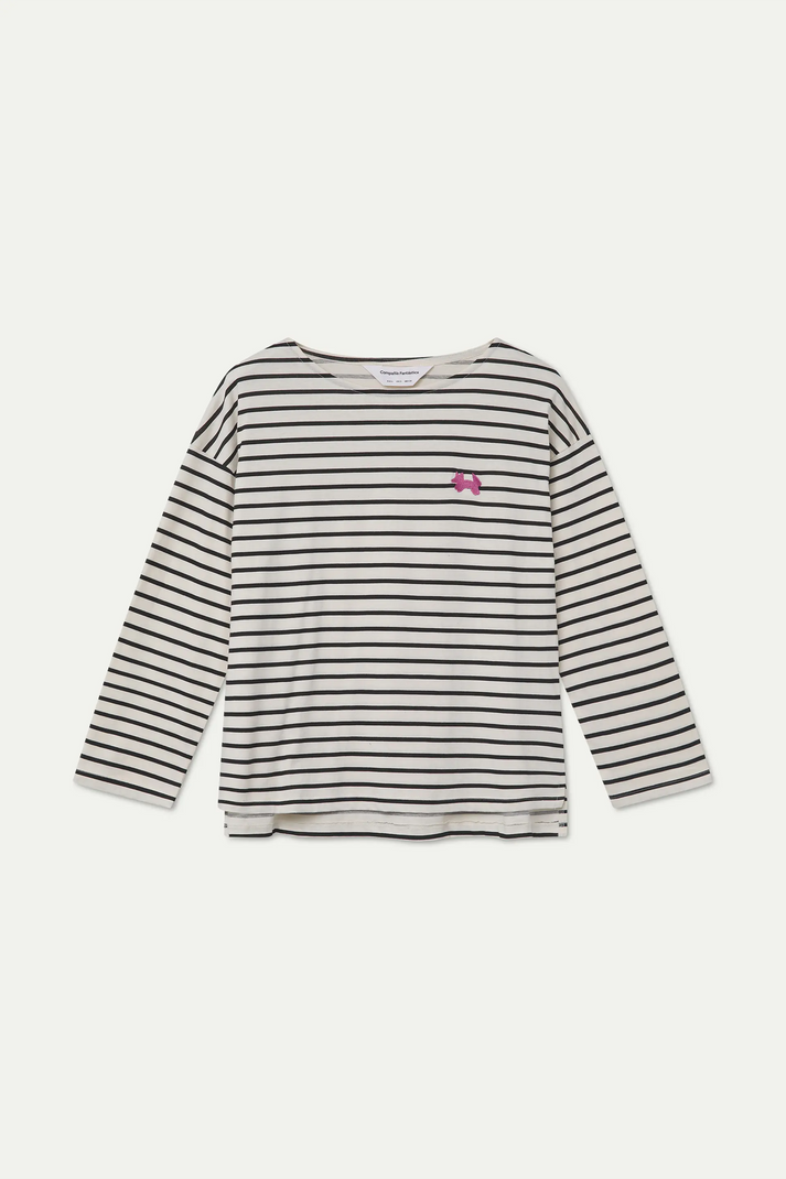 Camiseta de algodón de rayas negras y blancas con cuello redondo y detalle de zorro rosa bordado