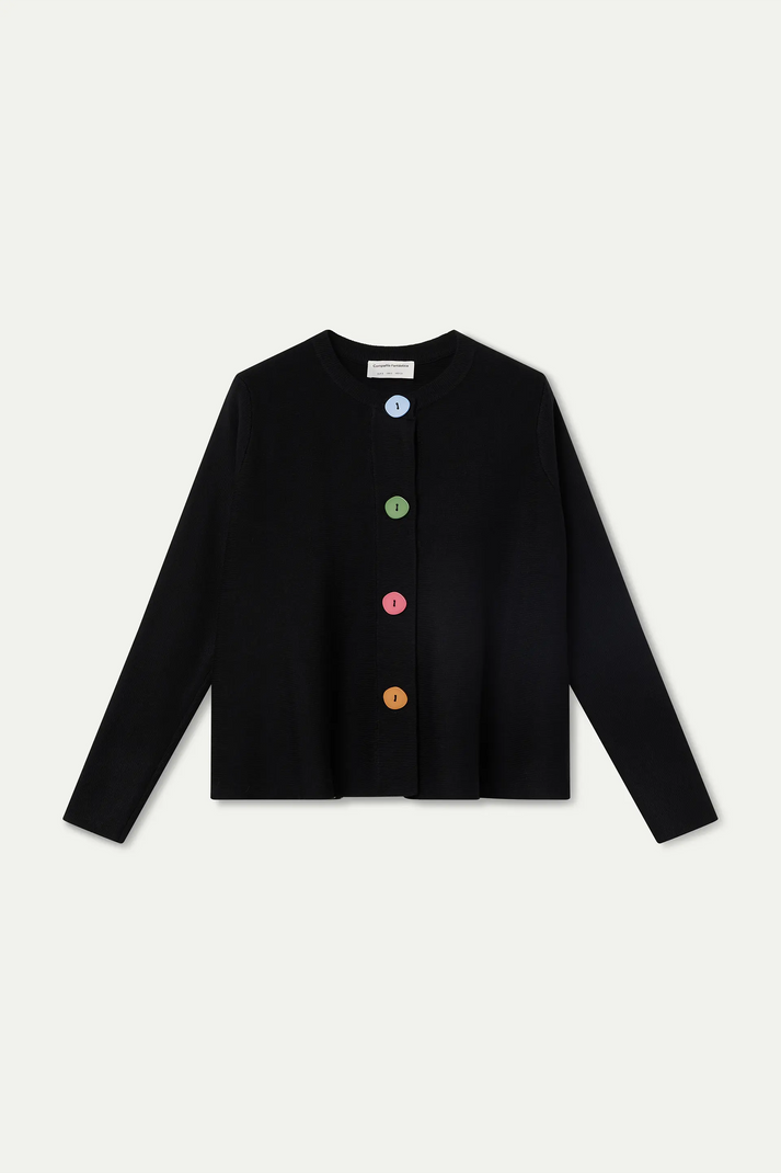 Cárdigan negro de manga larga con botones de colores y acabados de canalé
