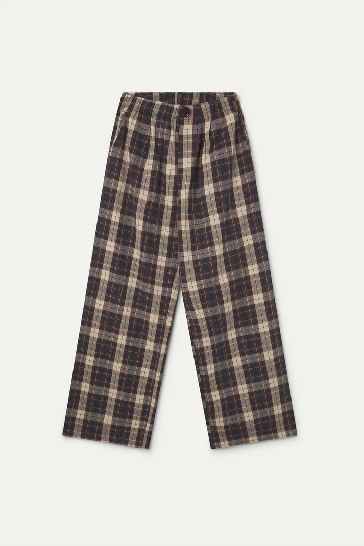 Pantalón de cuadros marrones con cintura elástica y bolsillos laterales