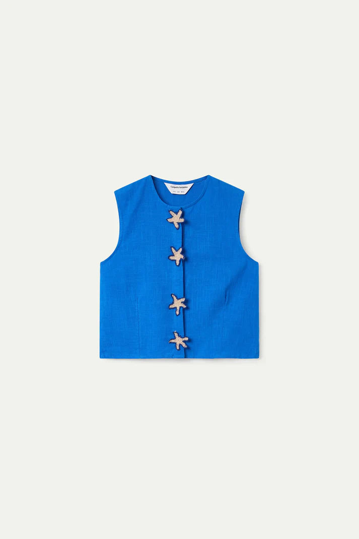 Top azul sin mangas sin escote con botones de estrella de mar a ganchillo