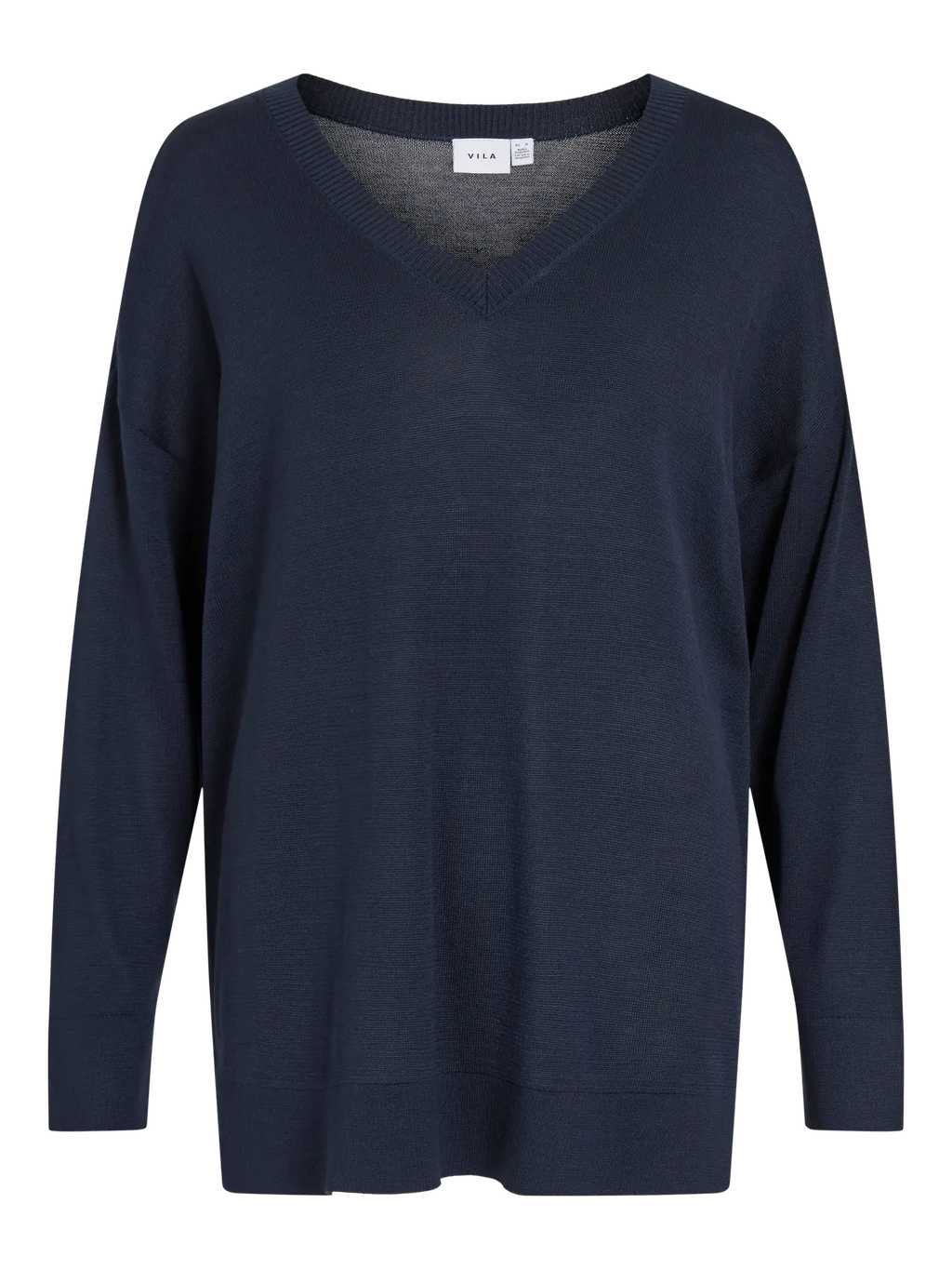 Jersey de punto oversize azul marino para mujer con escote en V, manga larga, hombros caídos y bajo ancho