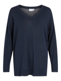 Jersey de punto oversize azul marino para mujer con escote en V, manga larga, hombros caídos y bajo ancho