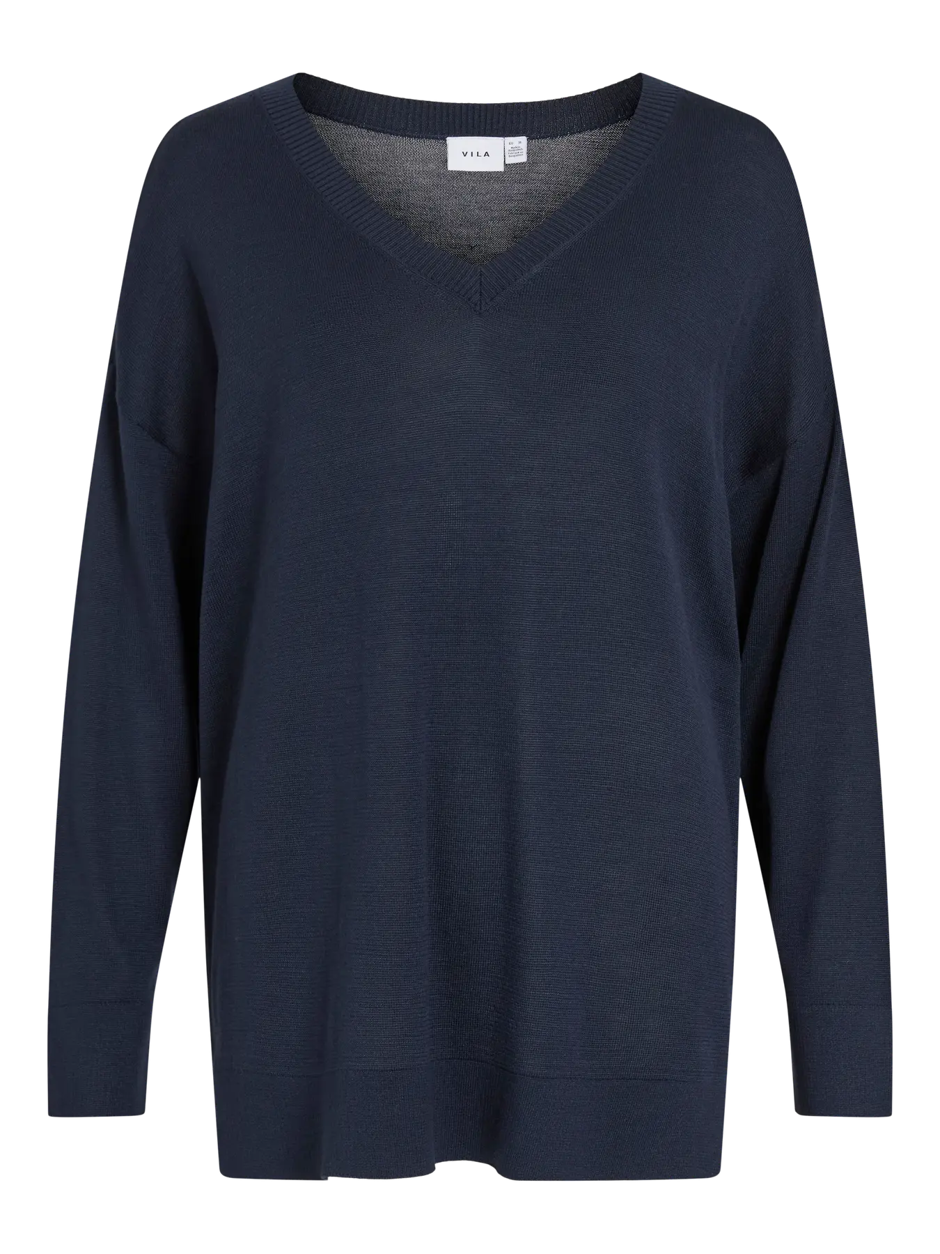 Jersey de punto oversize azul marino para mujer con escote en V, manga larga, hombros caídos y bajo ancho