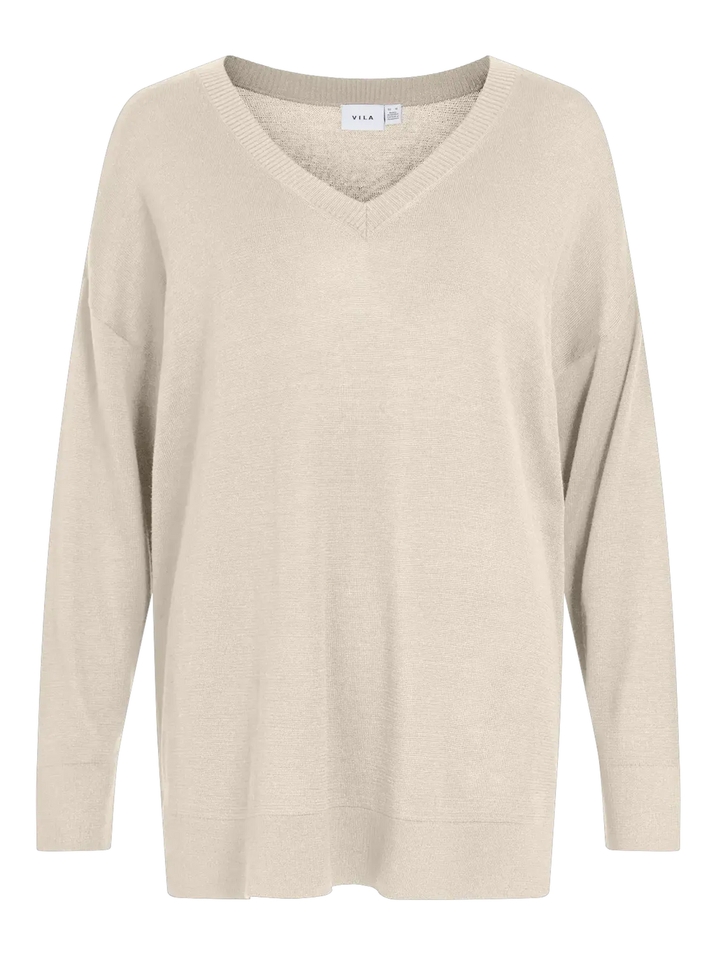 Jersey de punto oversize color crudo para mujer con escote en V, manga larga, hombros caídos y silueta amplia