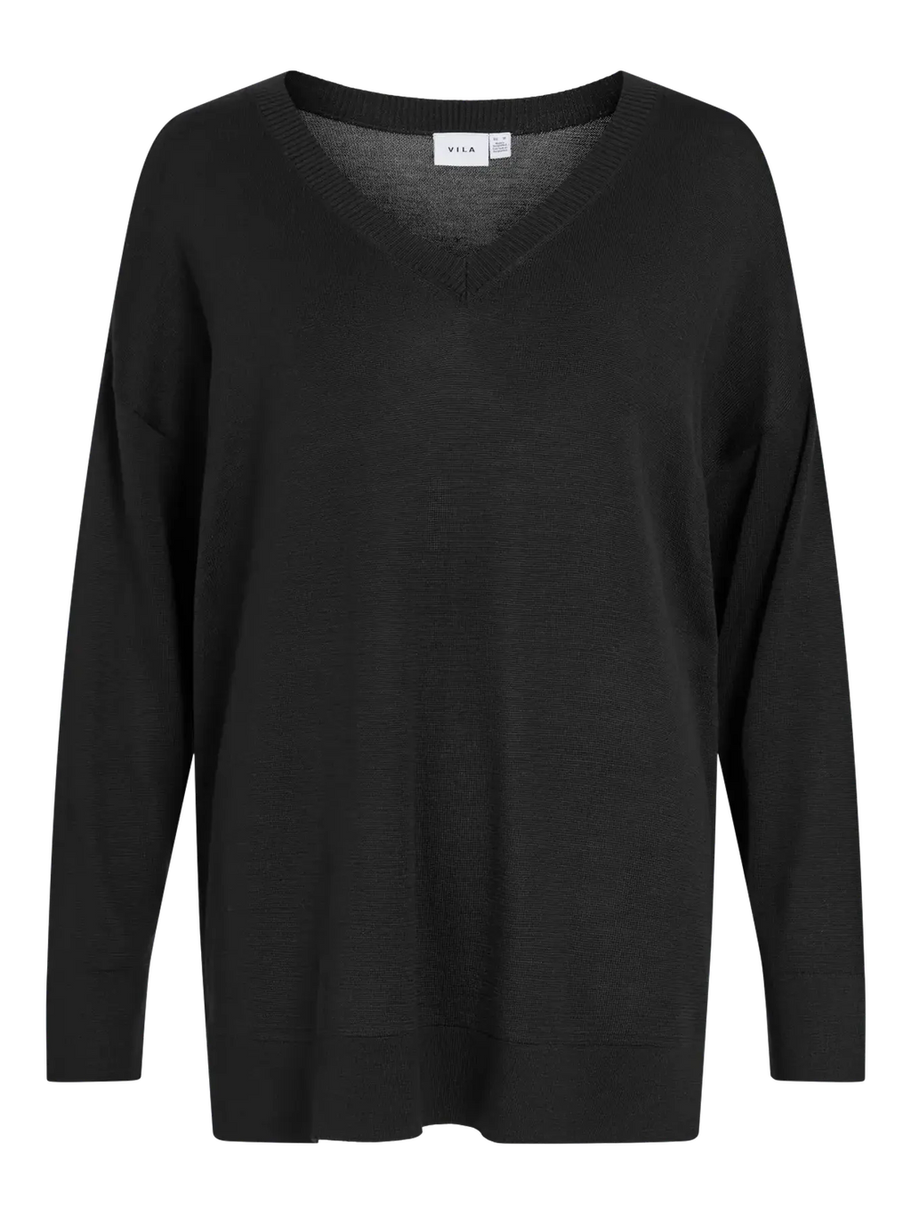 Jersey de punto oversize negro para mujer con escote en V, manga larga, hombros caídos y corte amplio