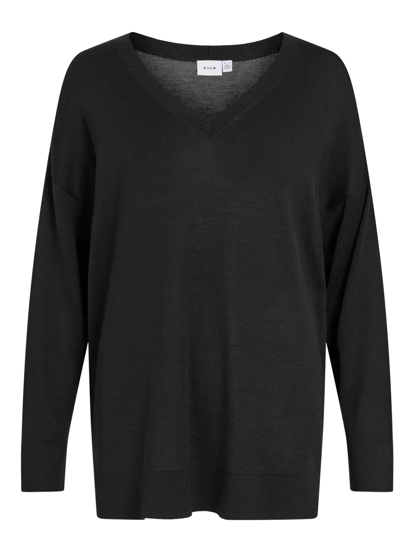 Jersey de punto oversize negro para mujer con escote en V, manga larga, hombros caídos y corte amplio