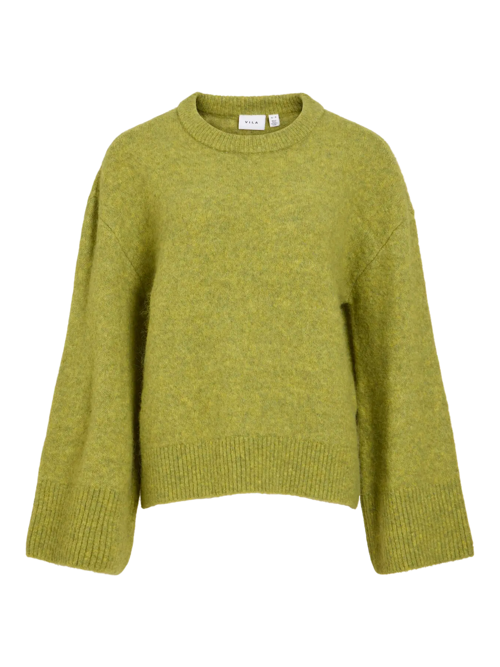 Jersey verde lima oversize VILA de punto con cuello redondo y puños anchos de canalé, vista frontal

