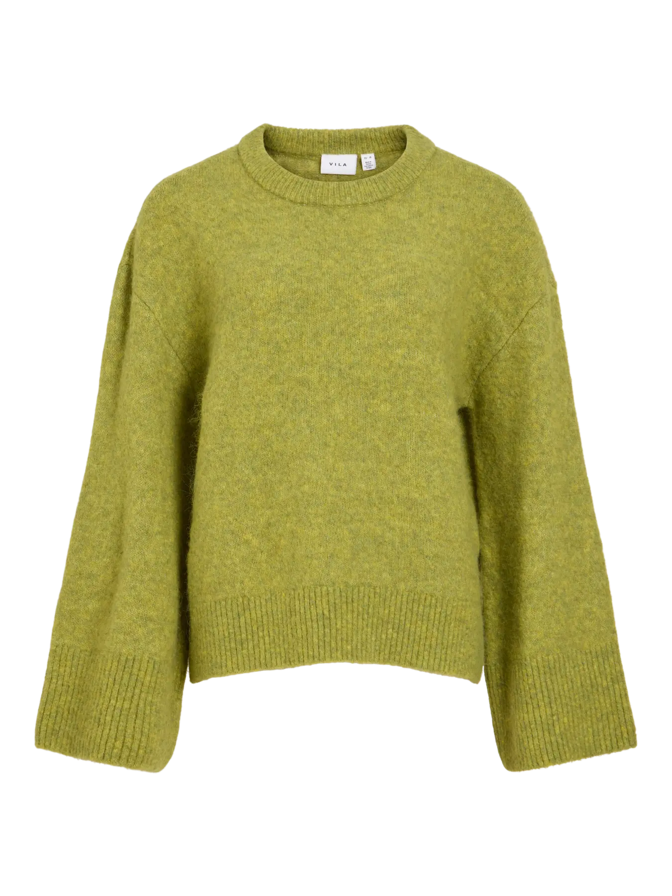 Jersey verde lima oversize VILA de punto con cuello redondo y puños anchos de canalé, vista frontal
