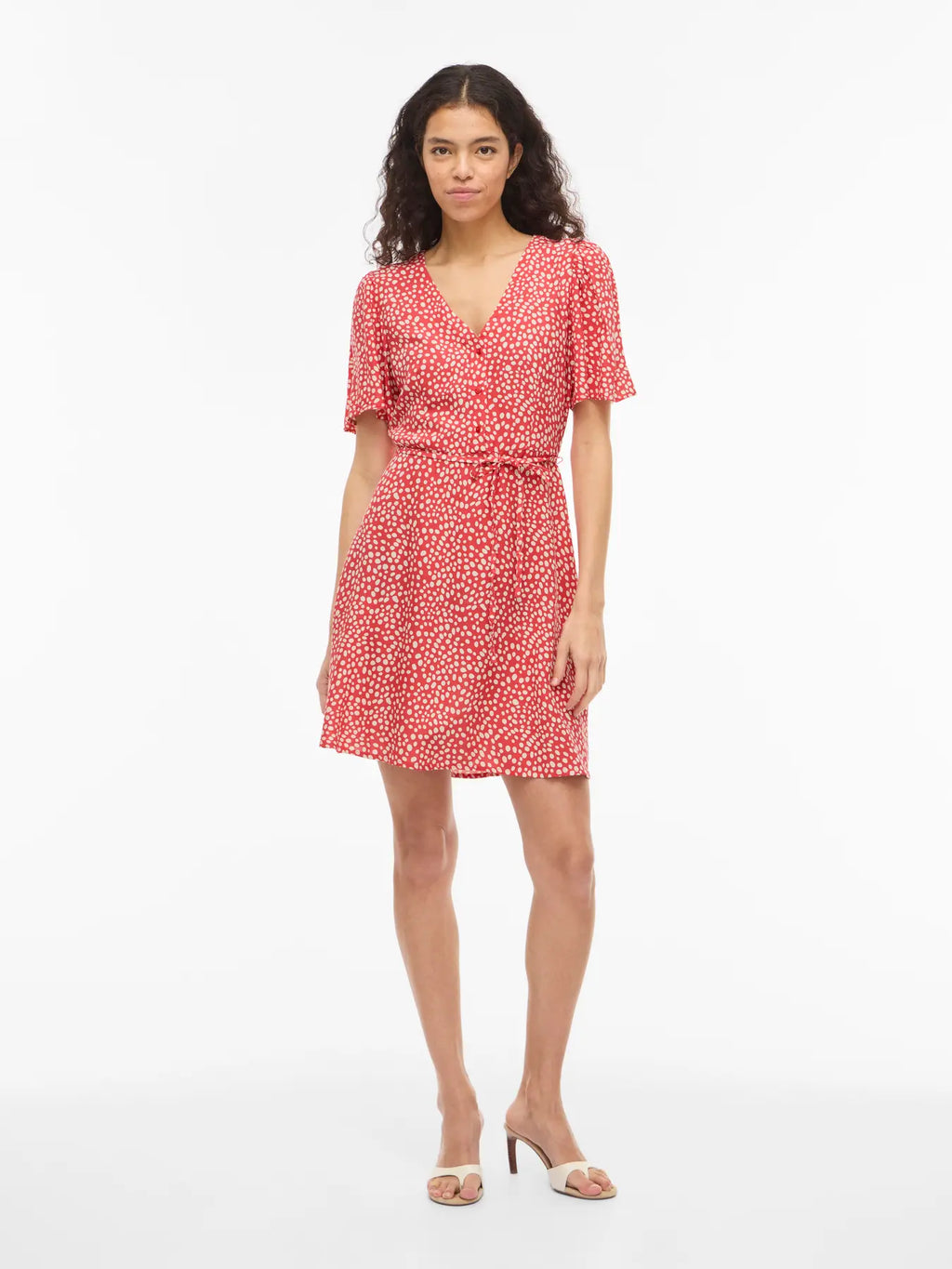 Vestido corto rojo Vila con cinturón estampado puntos Cotton Grey Piedras Blancas