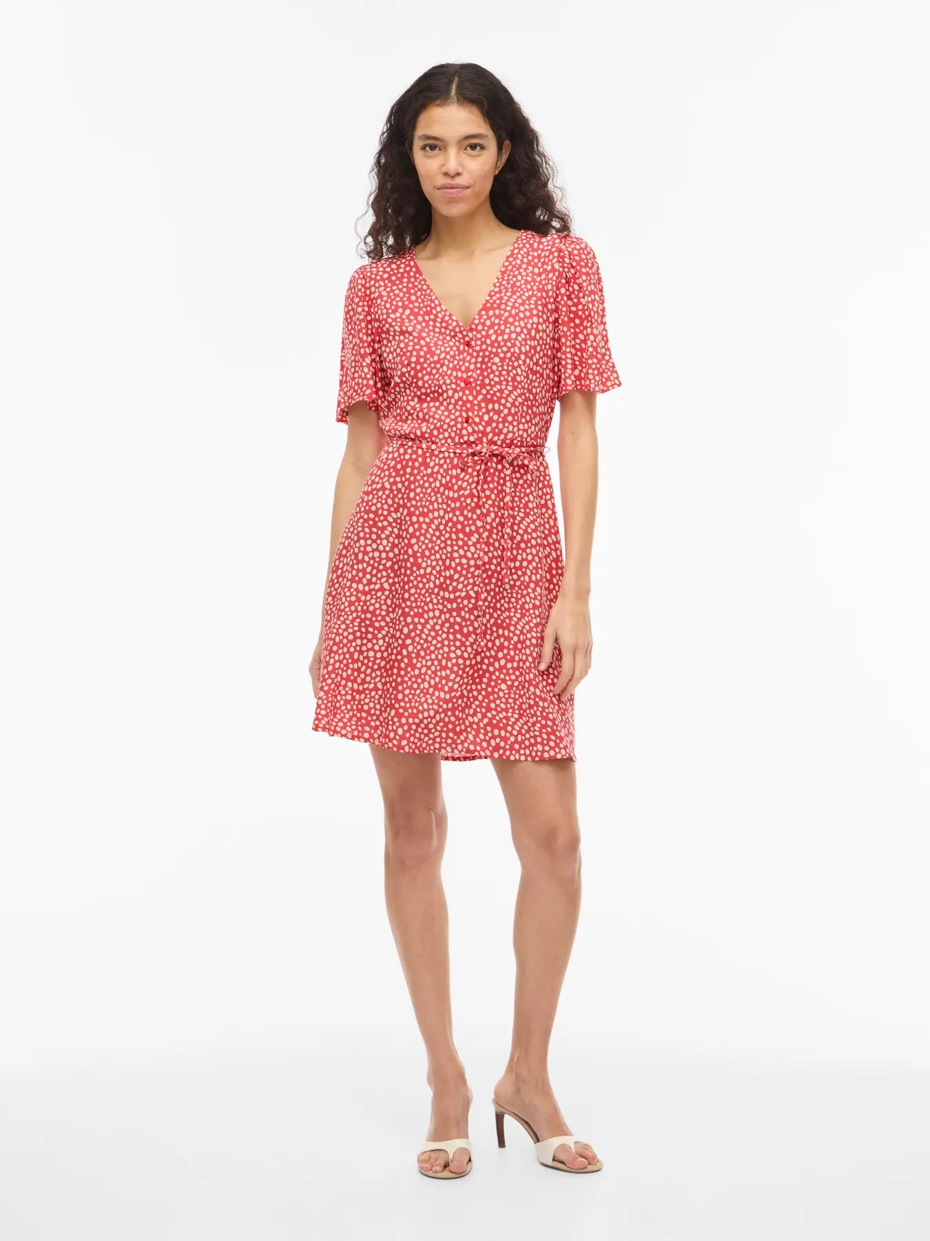 Vestido corto rojo Vila con cinturón estampado puntos Cotton Grey Piedras Blancas