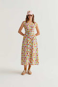 Vestido midi estampado de tulipanes multicolor con cinturón de Compañía Fantástica en Cotton Grey vista frontal