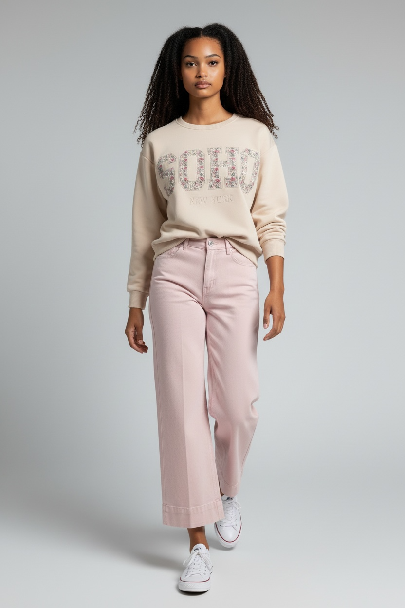 look mujer pantalon rosa ancho con sudadera soho todo en cotton grey