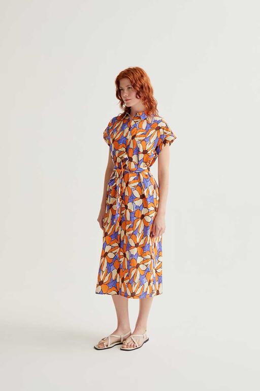 Vestido largo floral naranja y lila con cinturón ajustable de Compañía Fantástica en Cotton Grey look completo