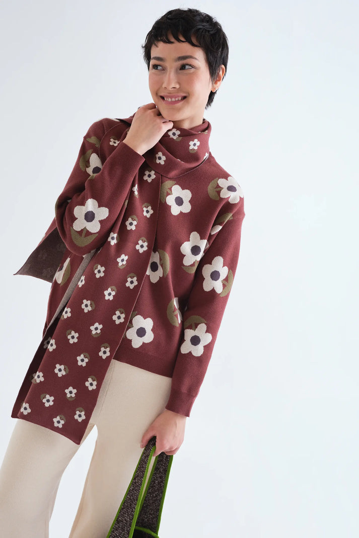 Jersey Santini floral para mujer con cuello redondo y manga larga y bufanda a juego