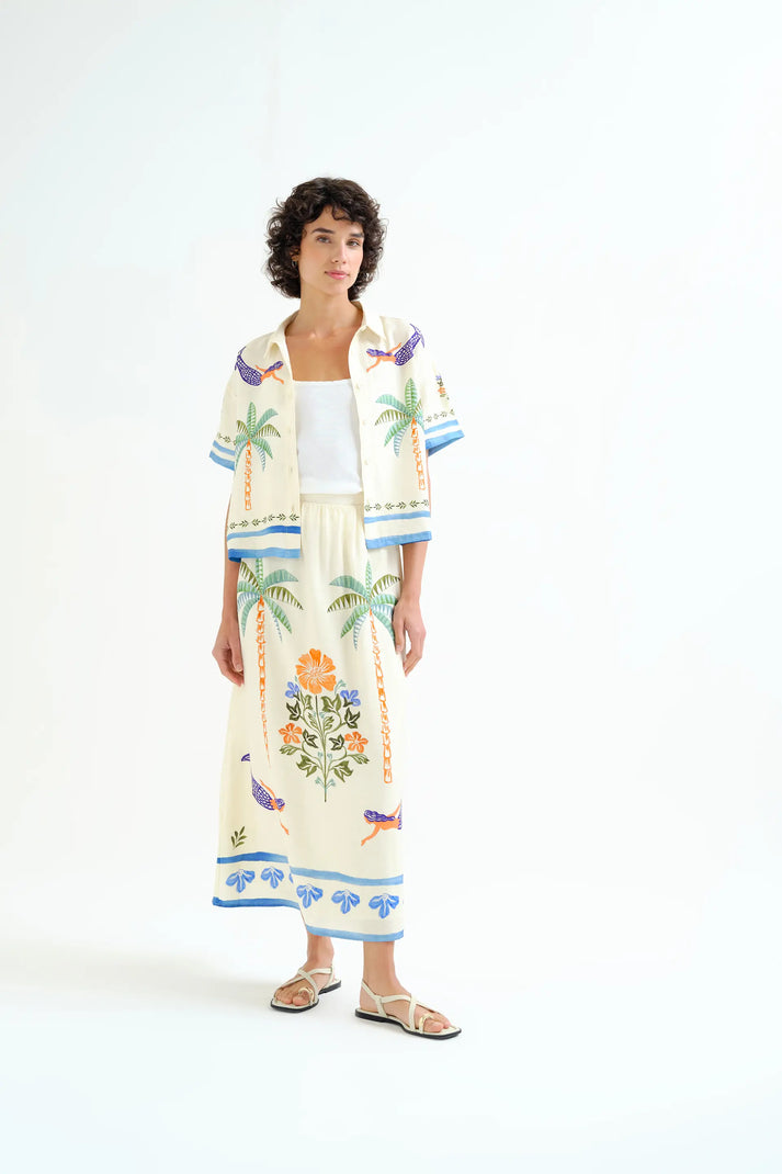 conjunto falda y Camisa tropical ilustrada mujer fluida verano