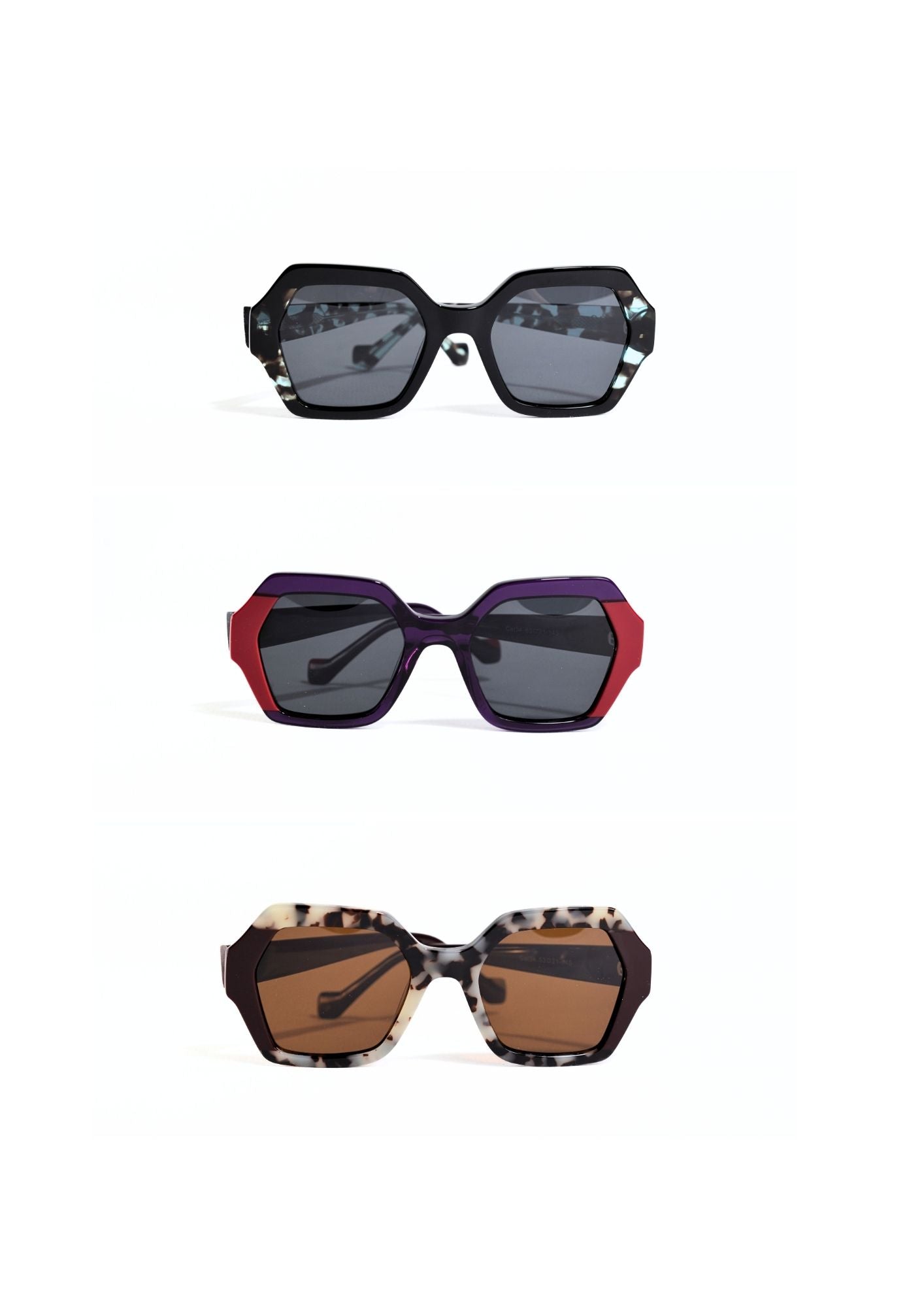 3 colores disponibles de gafas geométricas bicolores carey cotton grey