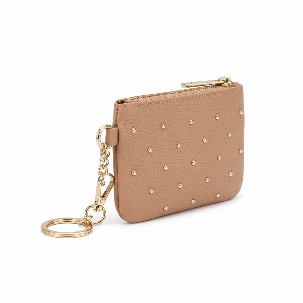 monedero piel natural con tachuelas en color camel