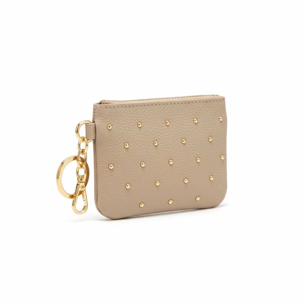 monedero piel natural con tachuelas en color beige topo