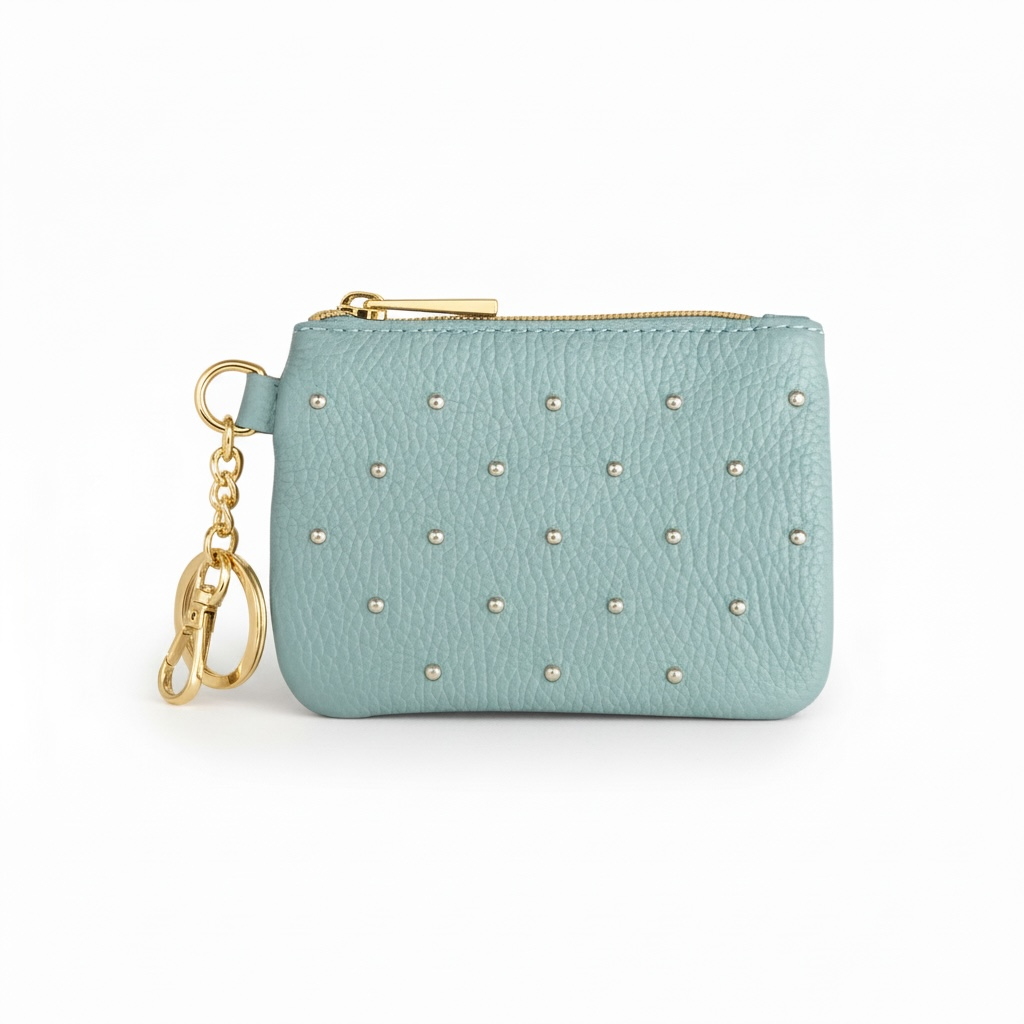 monedero piel natural con tachuelas en color verde mint