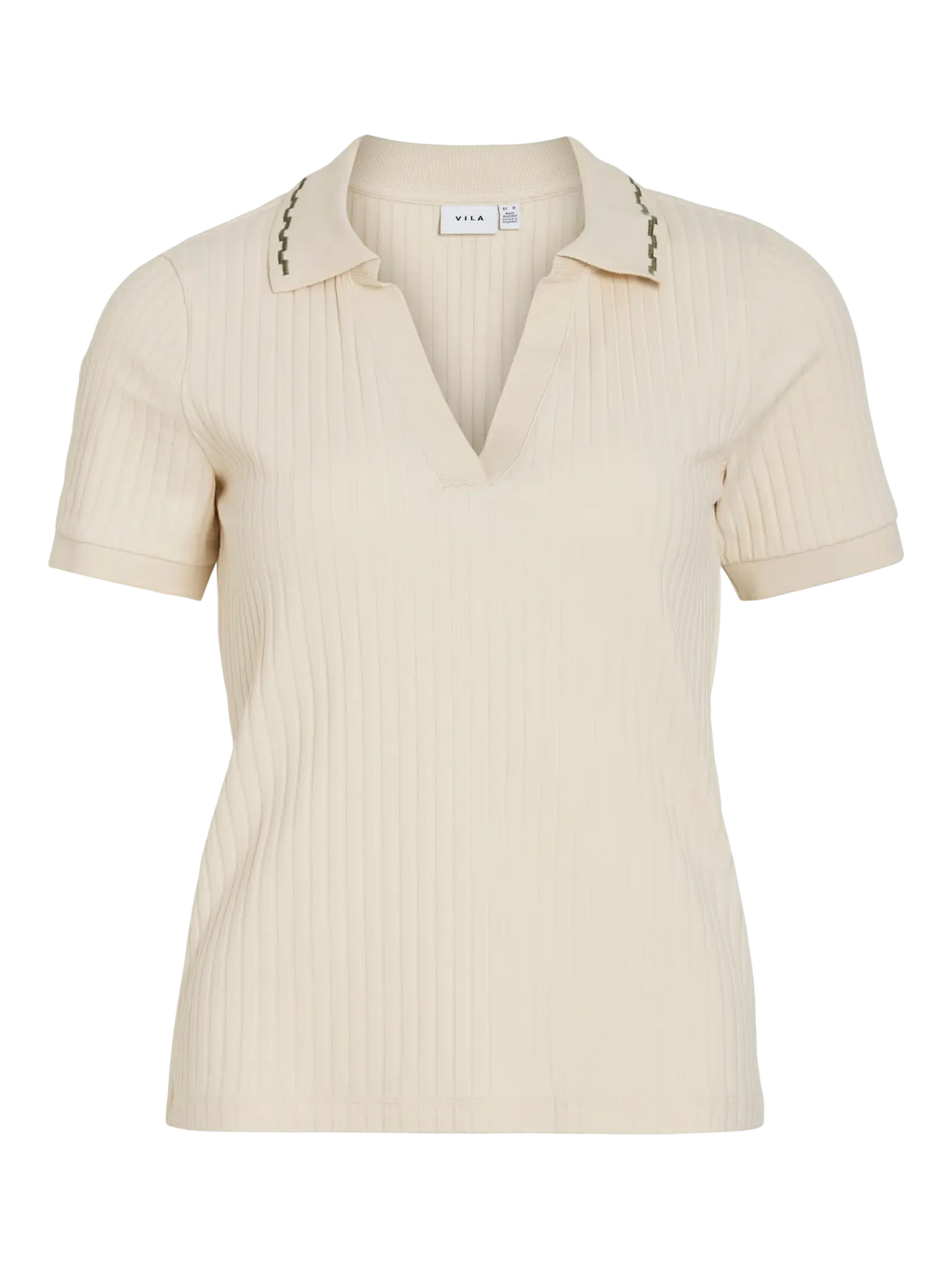 Foto de producto detalle cuello  polo beige canalé Vila nueva coleccion en cotton grey
