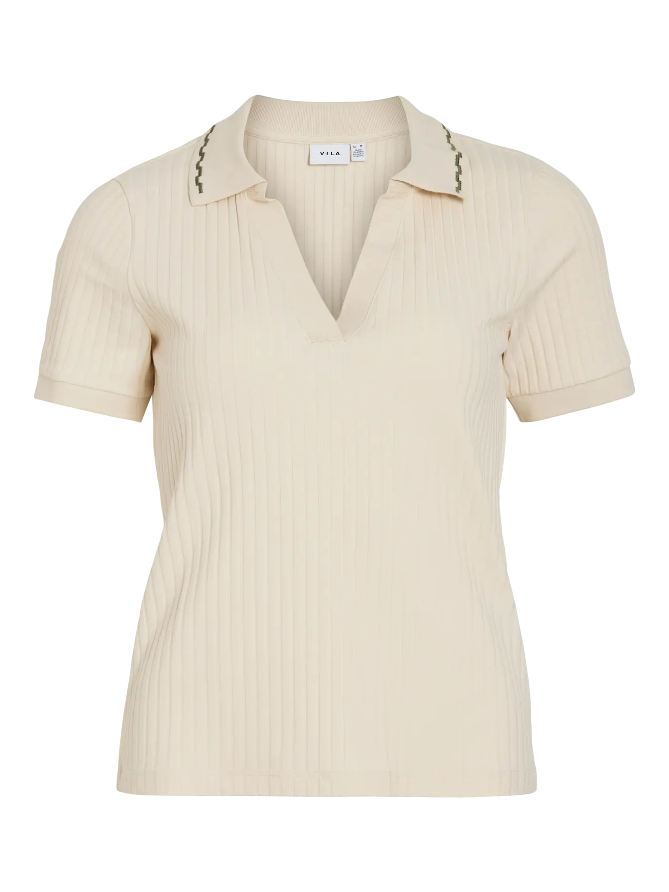 Foto de producto detalle cuello  polo beige canalé Vila nueva coleccion en cotton grey