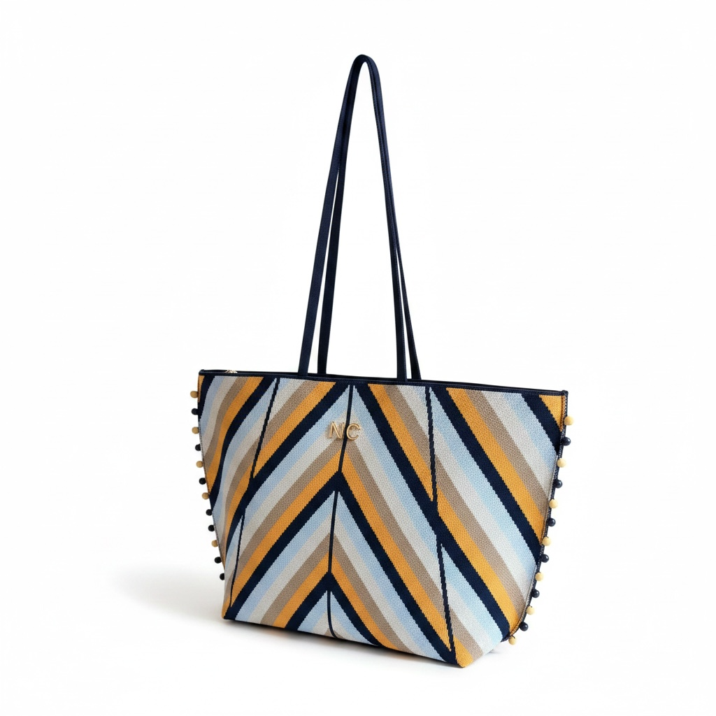 Bolso shopper Ibiza de la marca Noco con estampado geométrico amarillo y azul navy, vista de frente con logo dorado.