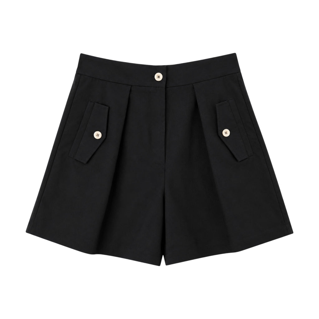 Short Colette negro de talle alto con pinzas y bolsillos de solapa.