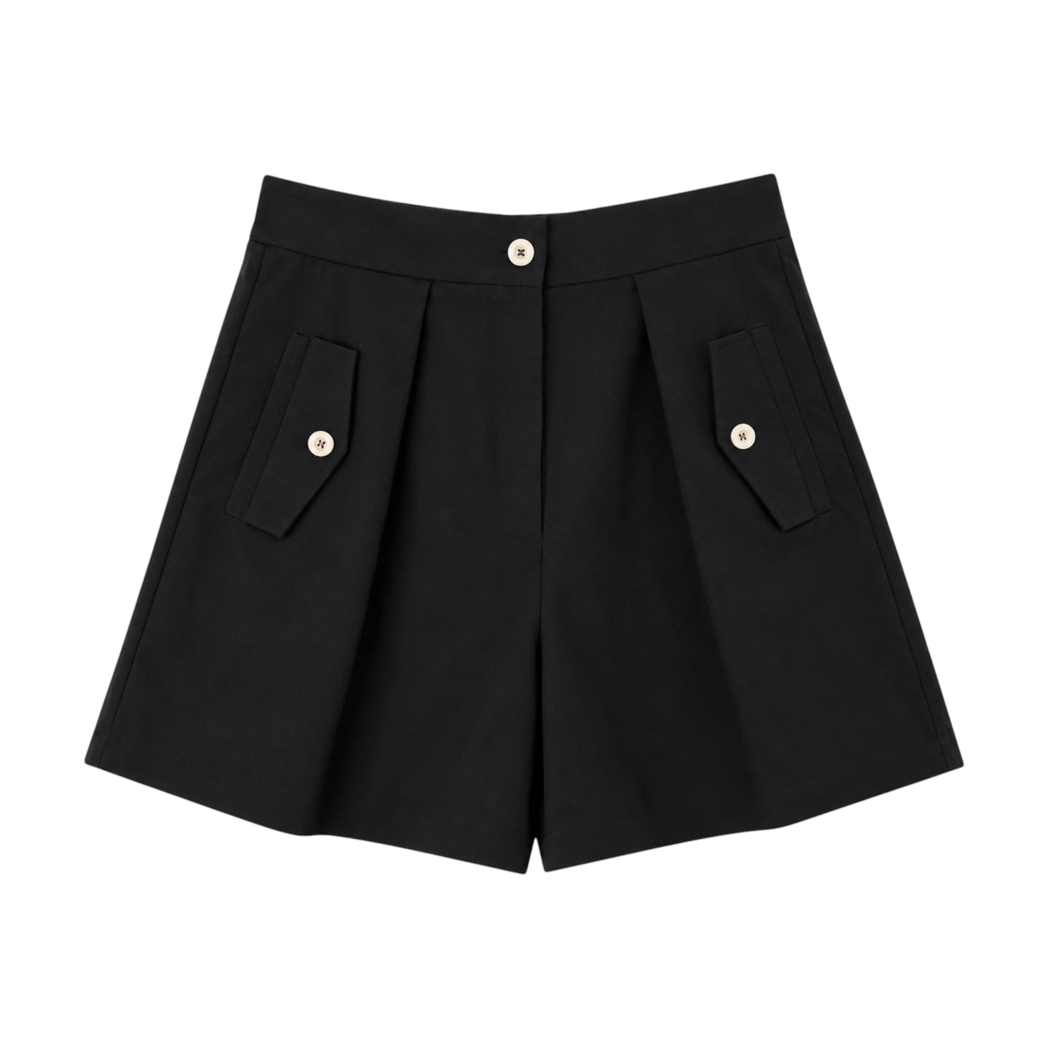 Short Colette negro de talle alto con pinzas y bolsillos de solapa.