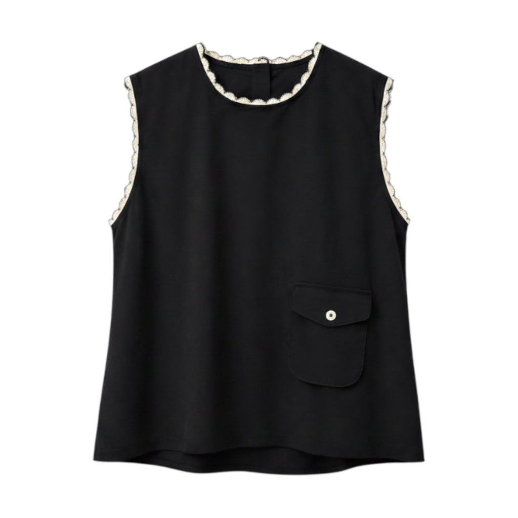 Top Colette negro sin mangas con ribete en contraste y bolsillo decorativo.
