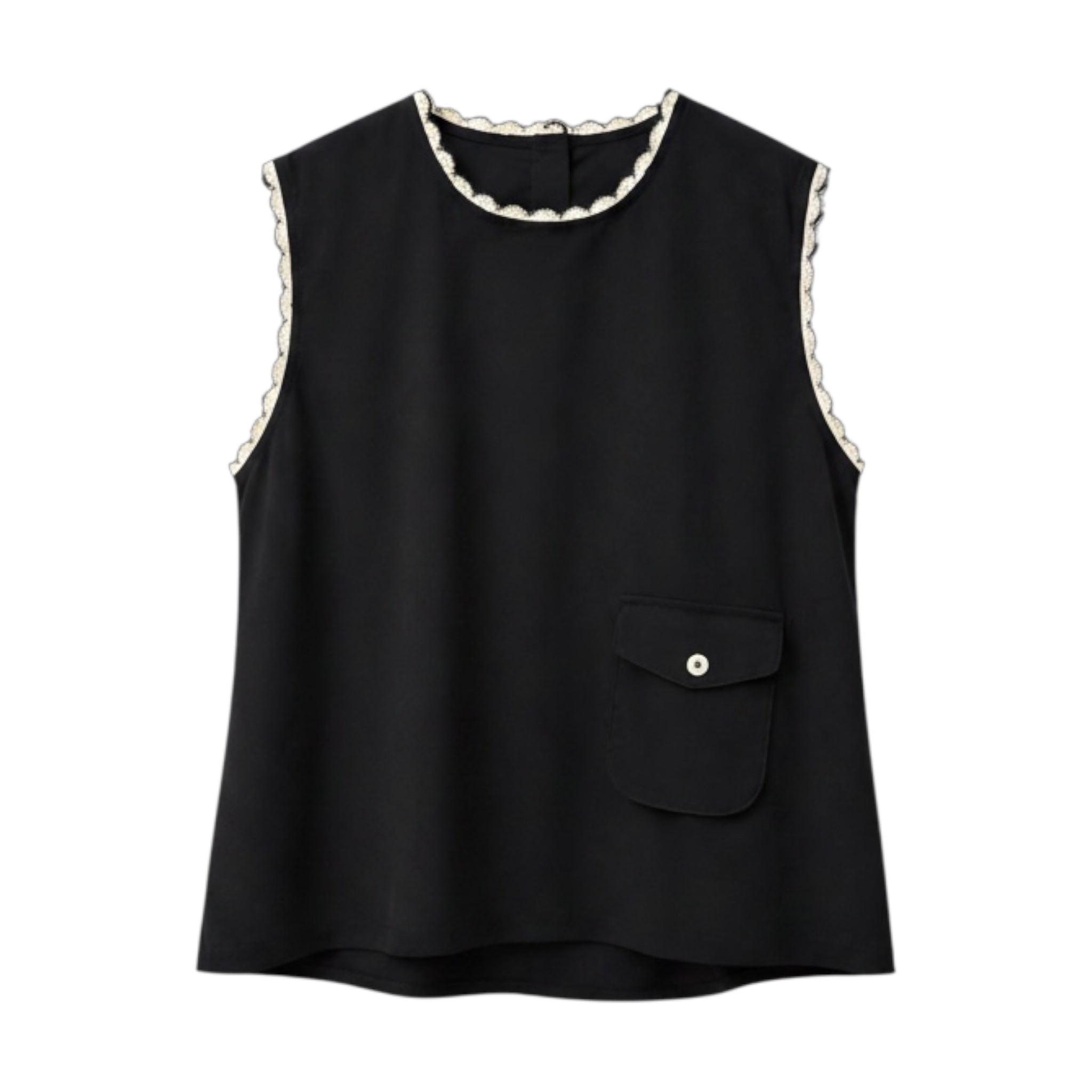 Top Colette negro sin mangas con ribete en contraste y bolsillo decorativo.