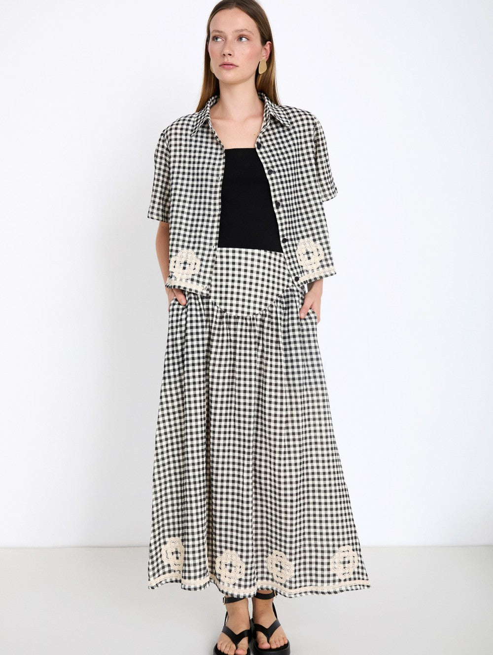 falda larga vichy bordada mujer