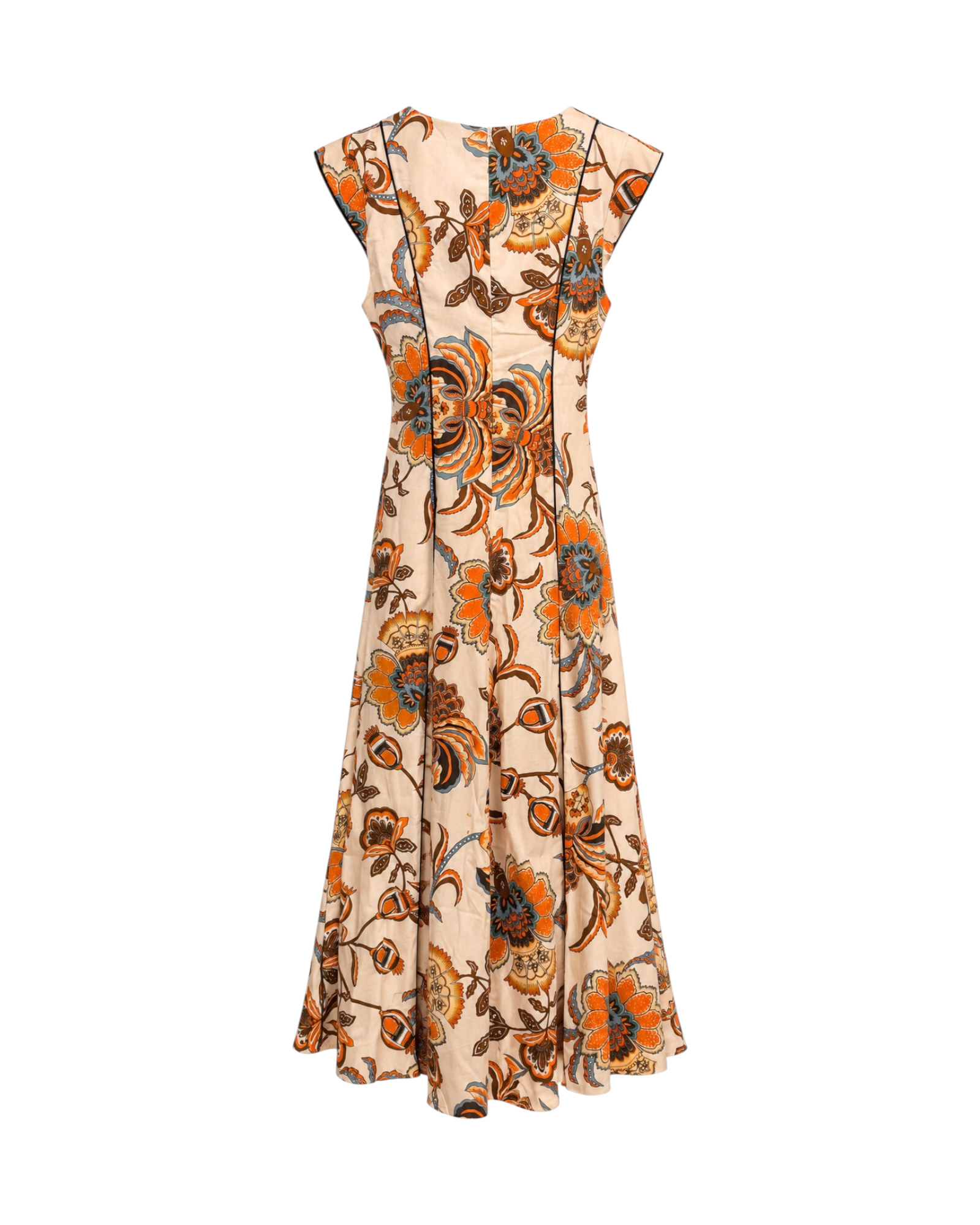 Parte trasera del Vestido Verona largo estampado floral con manga japonesa y falda de vuelo.