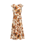 Vestido Verona largo beige con estampado floral, cuerpo entallado y falda evasé.