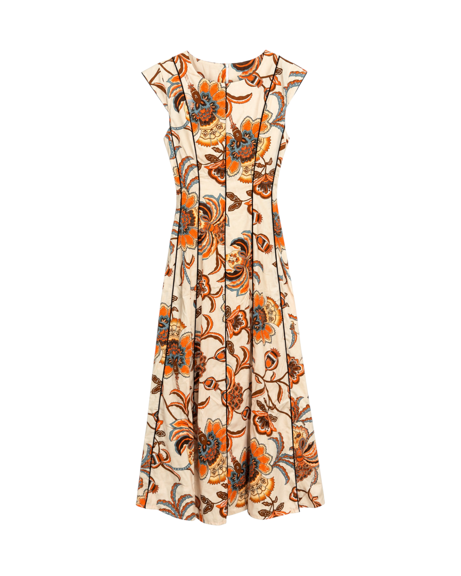 Vestido Verona largo beige con estampado floral, cuerpo entallado y falda evasé.