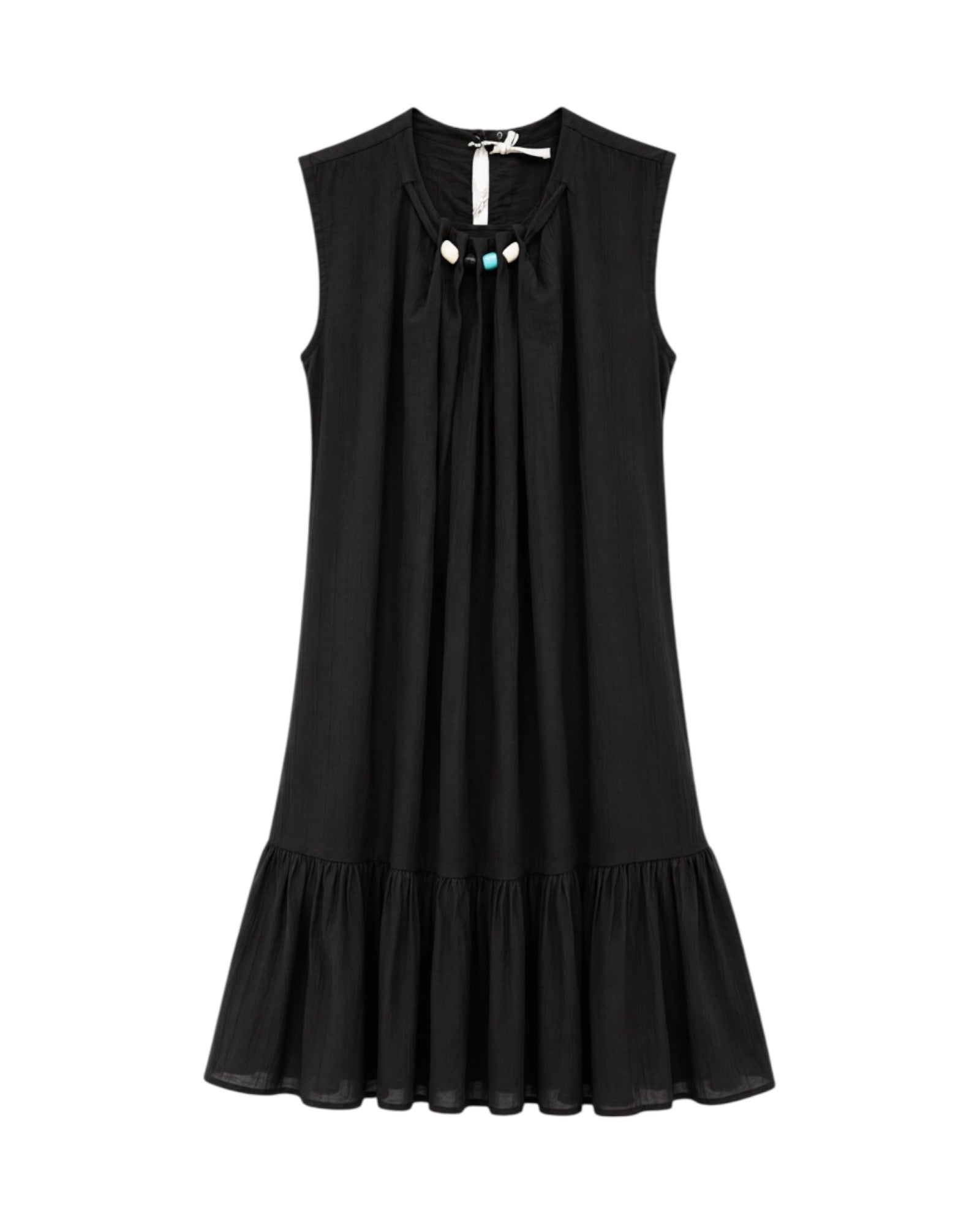 Vestido Lía negro corto de verano con diseño fluido y detalle de abalorios.