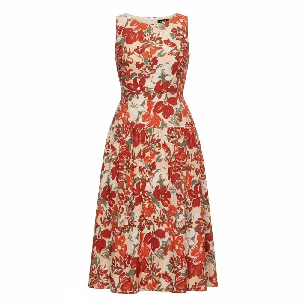 Vestido midi floral Maggie sweet cuello redondo sin mangas y ajustado en cintura