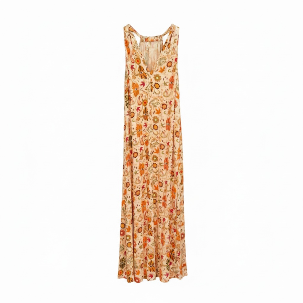 Vestido largo.
Diseño sin mangas.
Corte amplio y fluido.
Estampado floral multicolor.
Tonos tierra, naranja, teja y verde.
Tejido ligero y fresco.
Estilo boho chic.
