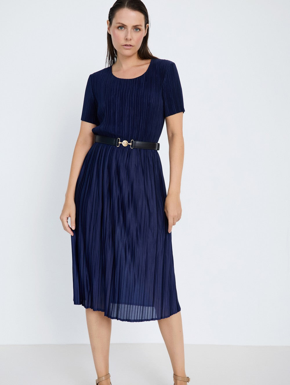 vestido plisado azul marino midi Skatie