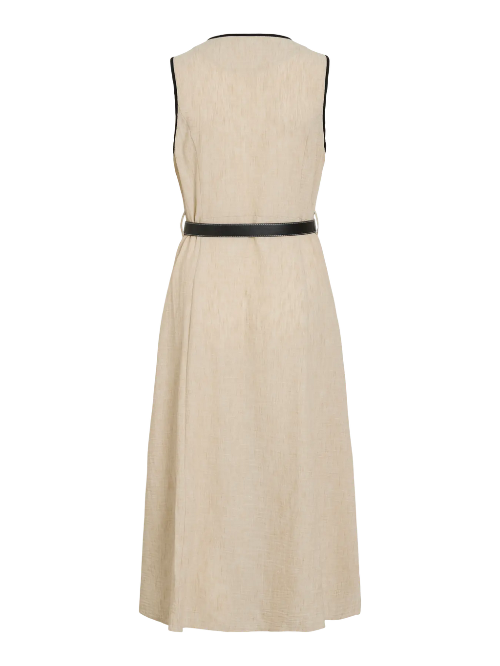 Vestido midi sin mangas cuello pico beige cruzado Vila con cinturón negro en Cotton Grey Piedras Blancas Asturias
