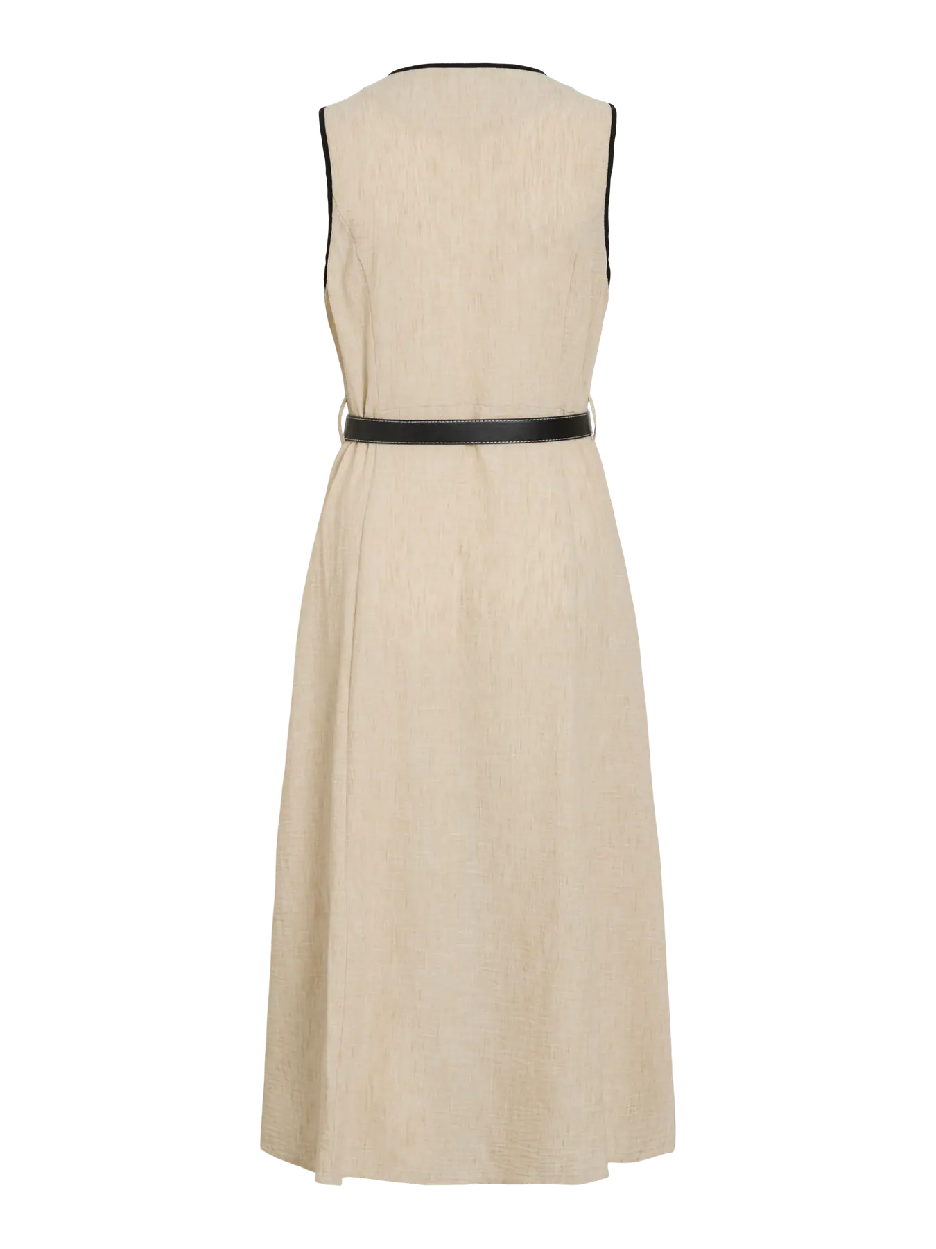 Vestido midi sin mangas cuello pico beige cruzado Vila con cinturón negro en Cotton Grey Piedras Blancas Asturias
