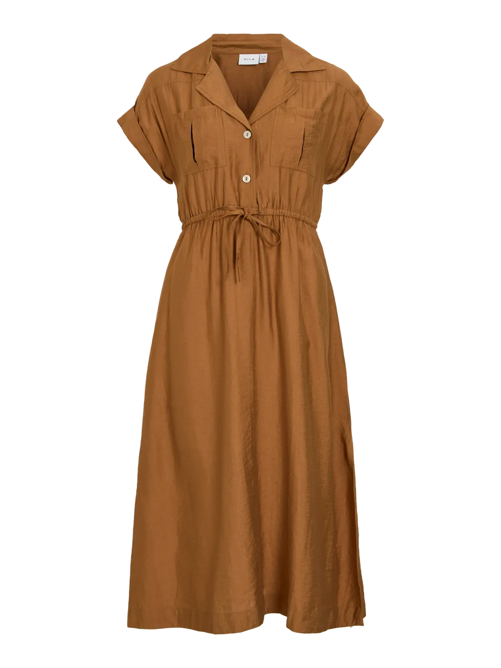 Vestido midi camisero Plummy de la marca Vila en color marrón, vista frontal con cordón ajustable en la cintura.