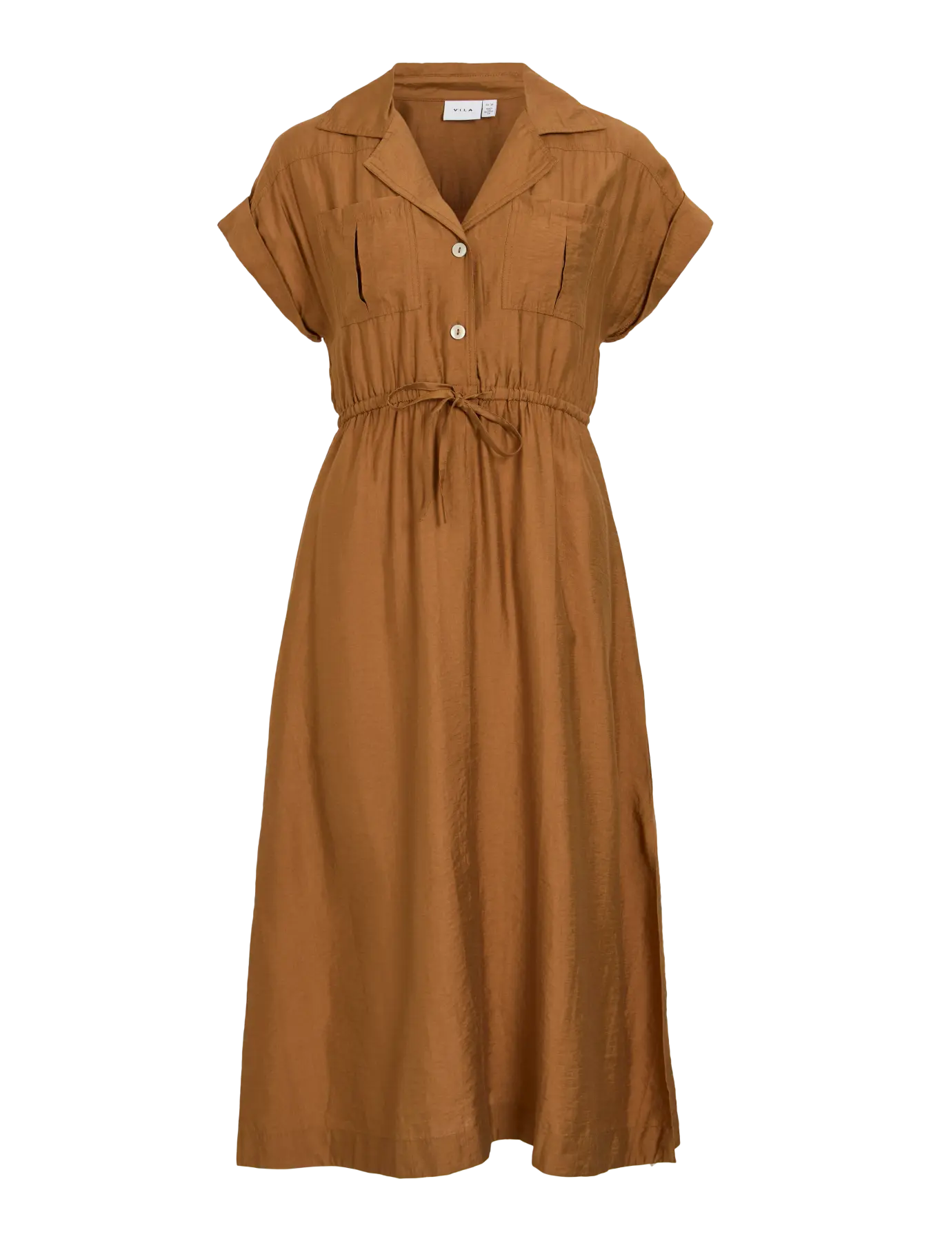 Vestido midi camisero Plummy de la marca Vila en color marrón, vista frontal con cordón ajustable en la cintura.