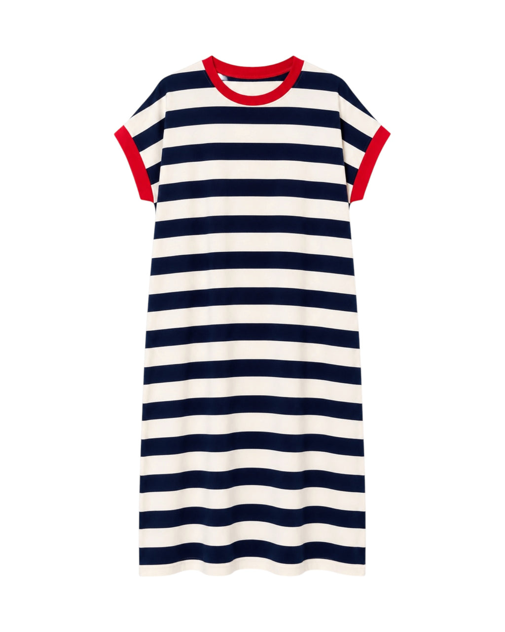 Vestido Capri de rayas marineras azul marino y blanco con cuello y mangas en rojo.