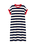 Vestido Capri de rayas marineras azul marino y blanco con cuello y mangas en rojo.