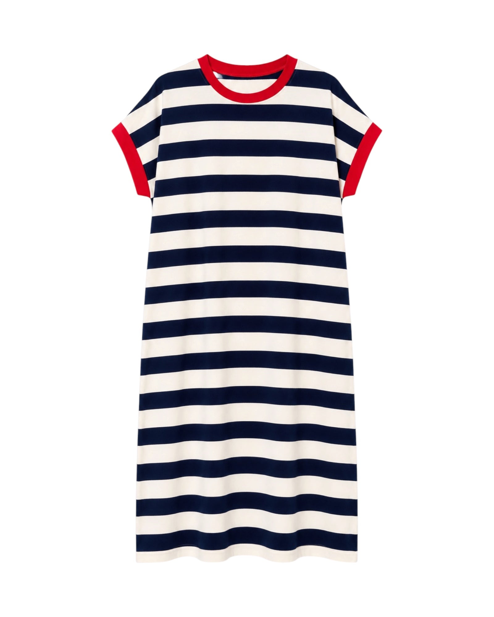 Vestido Capri de rayas marineras azul marino y blanco con cuello y mangas en rojo.