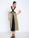 vestido midi bloques de color beige negro verde Skatie