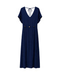 Vestido Alma largo en color azul marino con cintura ajustable y escote en pico.